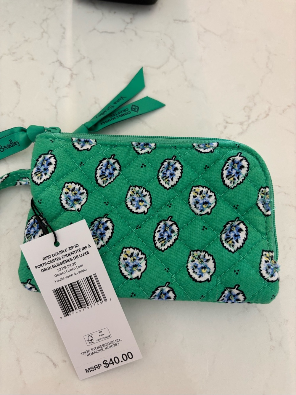 NWT-Vera Bradley Teal Quilted Floral RFID Double Zip Wristlet
